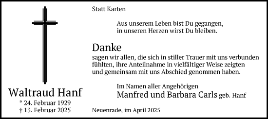 Todesanzeige von Waltraud Hanf von WA