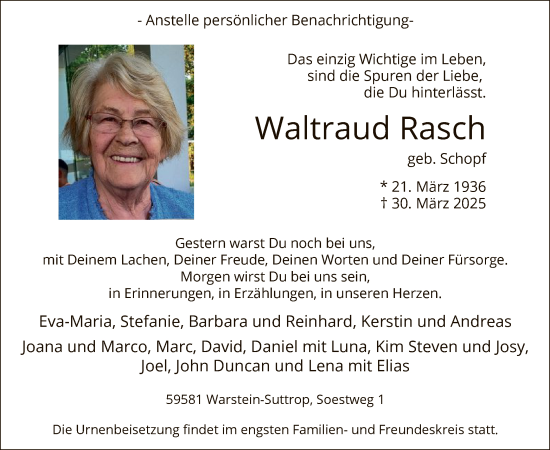Todesanzeige von Waltraud Rasch von WA