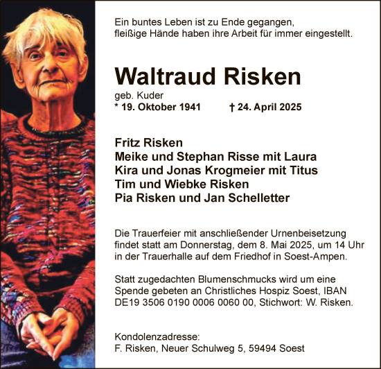 Todesanzeige von Waltraud Risken von WA
