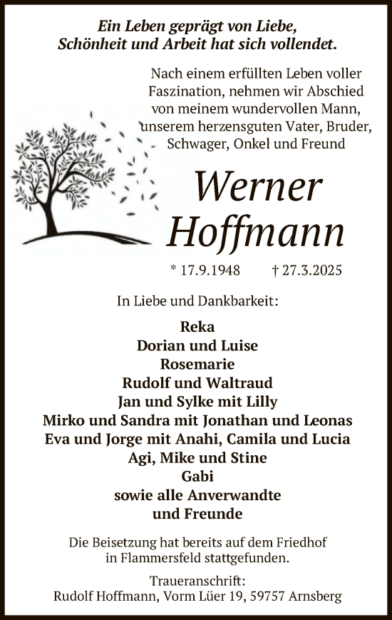 Todesanzeige von Werner Hoffmann von WA