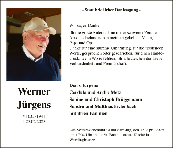 Todesanzeige von Werner Jürgens von WA