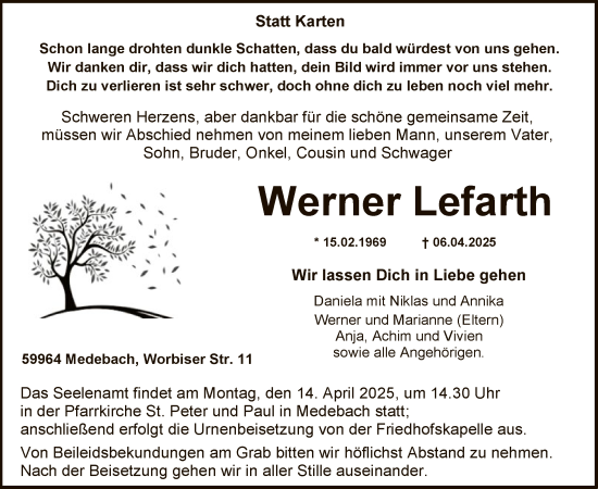 Todesanzeige von Werner Lefarth von WA