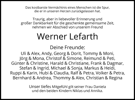 Todesanzeige von Werner Lefarth von WA