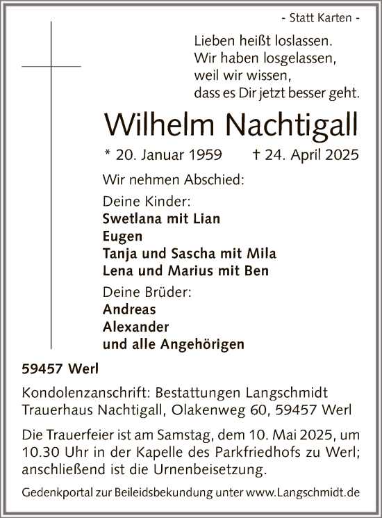 Todesanzeige von Wilhelm Nachtigall von WA