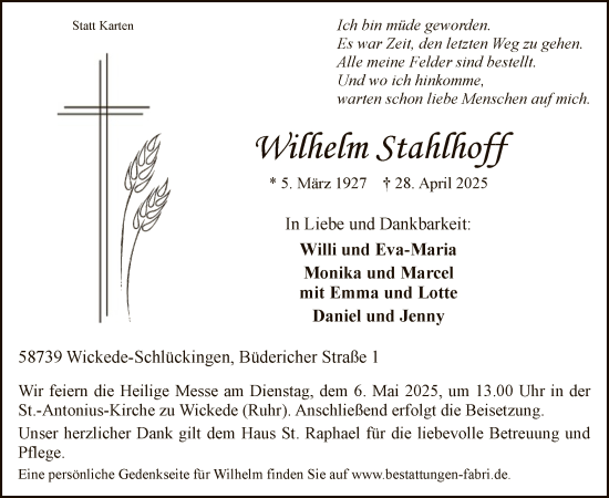 Todesanzeige von Wilhelm Stahlhoff von WA