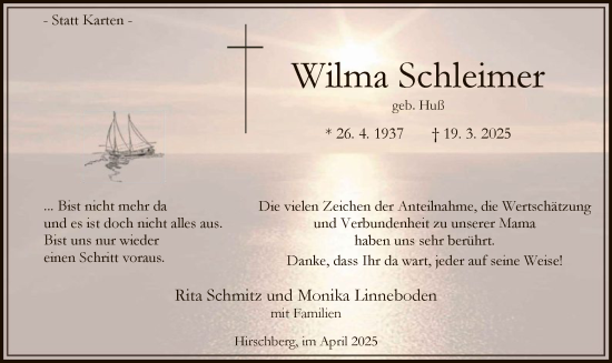 Todesanzeige von Wilma Schleimer von WA