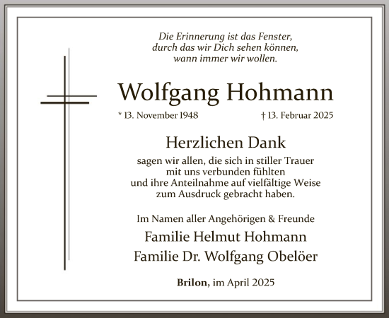 Todesanzeige von Wolfgang Hohmann von WA