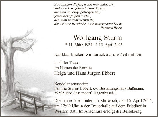 Todesanzeige von Wolfgang Sturm von WA