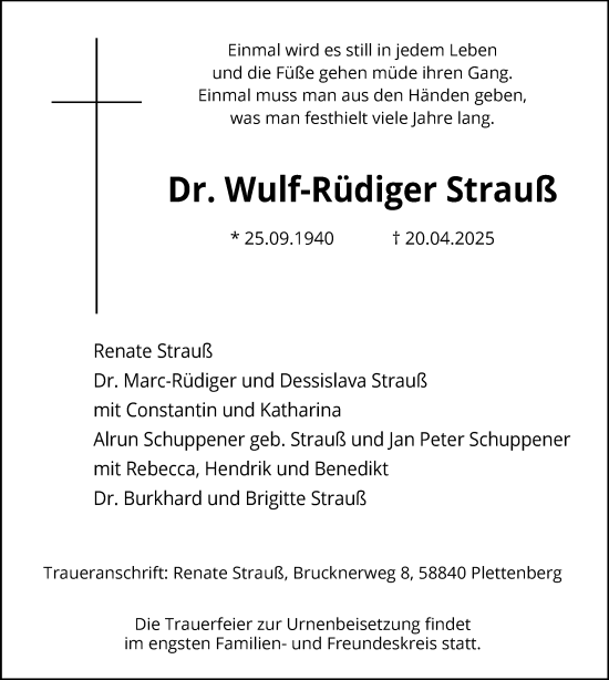 Todesanzeige von Wulf-Rüdiger Strauß von WA