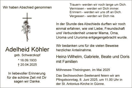 Todesanzeige von Adelheid Köhler von HASO