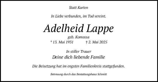 Todesanzeige von Adelheid Lappe von HAWA
