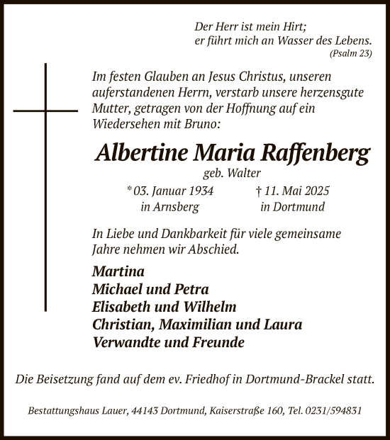 Todesanzeige von Albertine Maria Raffenberg von WA