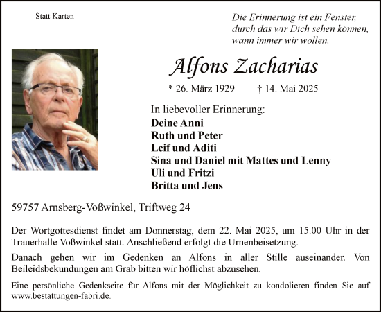 Todesanzeige von Alfons Zacharias von WA