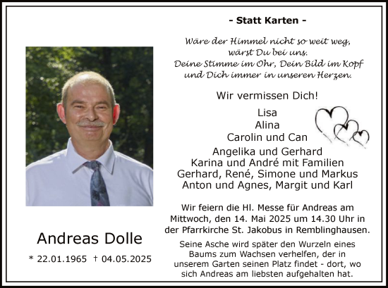 Todesanzeige von Andreas Dolle von WA