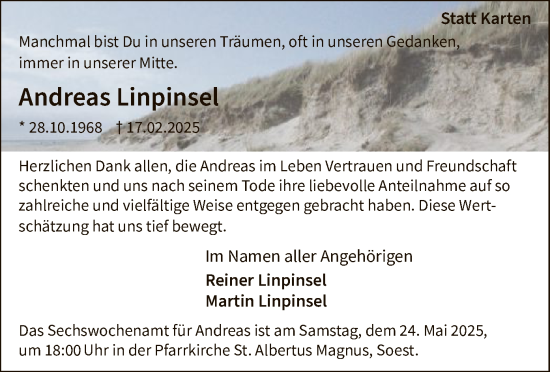 Todesanzeige von Andreas Linpinsel von WA
