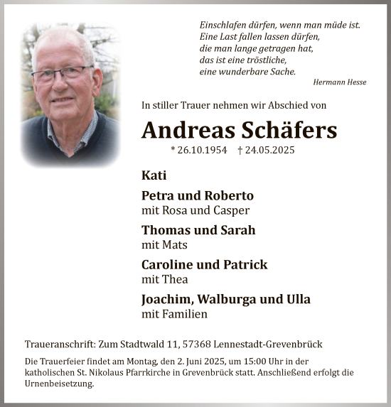 Todesanzeige von Andreas Schäfers von HASK