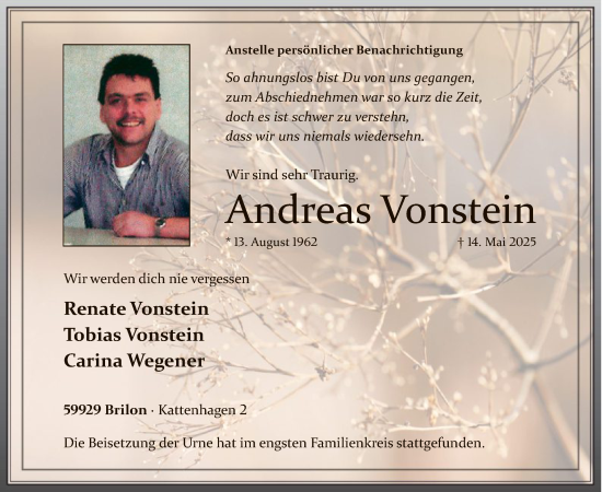 Todesanzeige von Andreas Vonstein von HASK