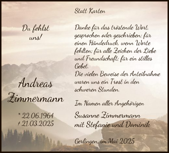 Todesanzeige von Andreas Zimmermann von WA