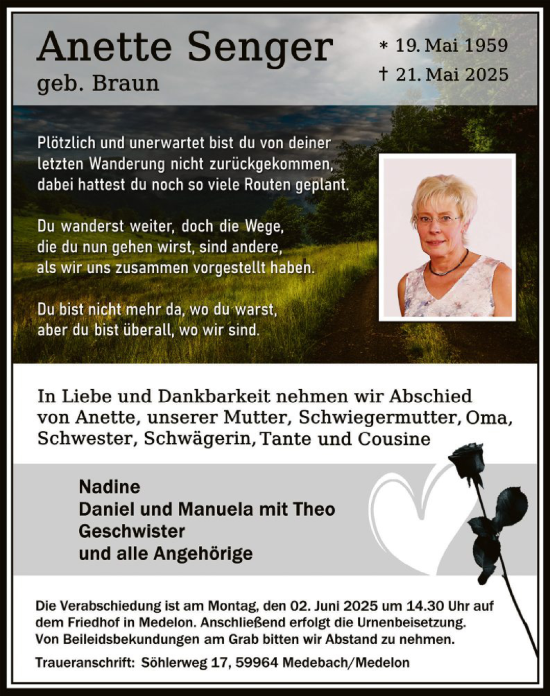 Todesanzeige von Anette Senger von HASK
