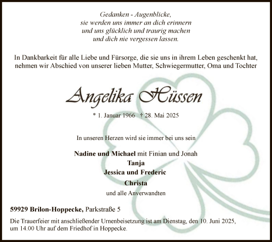 Todesanzeige von Angelika Hüssen von HASK