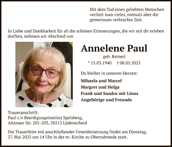 Todesanzeige von Annelene Paul von WA