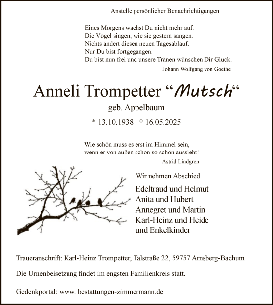 Todesanzeige von Anneli Trompetter von HASK