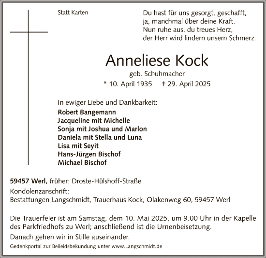 Todesanzeige von Anneliese Kock von WA