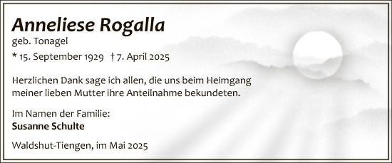 Todesanzeige von Anneliese Rogalla von HALN