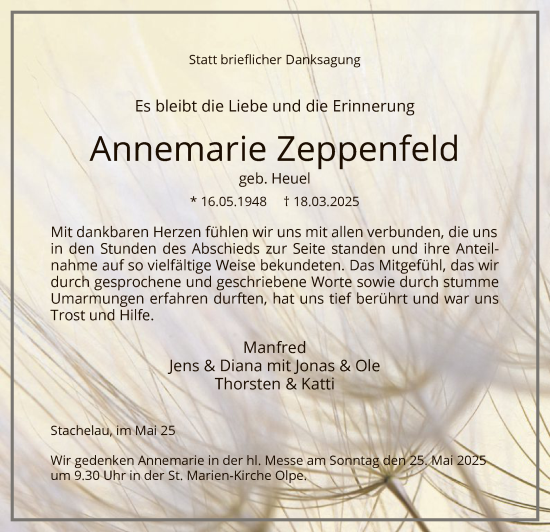 Todesanzeige von Annemarie Zeppenfeld von WA