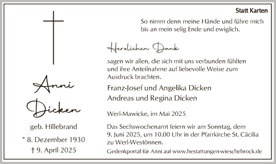 Todesanzeige von Anni Dicken  von HASO