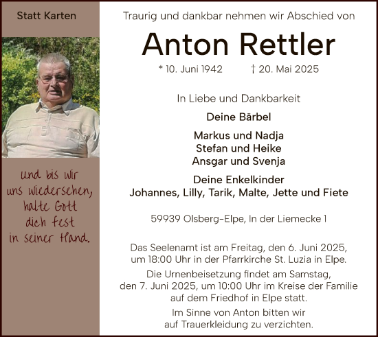Todesanzeige von Anton Rettler von HASK