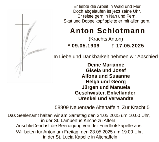 Todesanzeige von Anton Schlotmann von WA