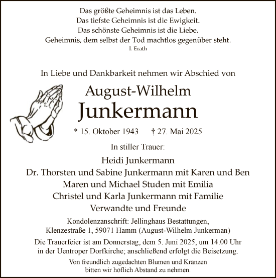 Todesanzeige von August-Wilhelm Junkermann von HAWA