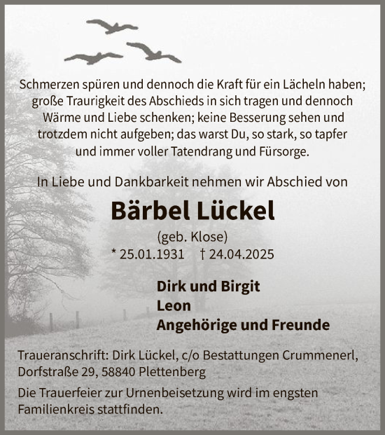 Todesanzeige von Bärbel Lückel von WA