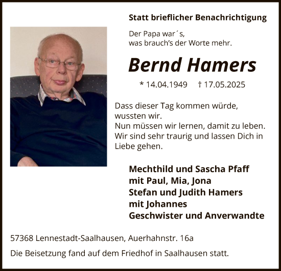 Todesanzeige von Bernd Hamers von HASK