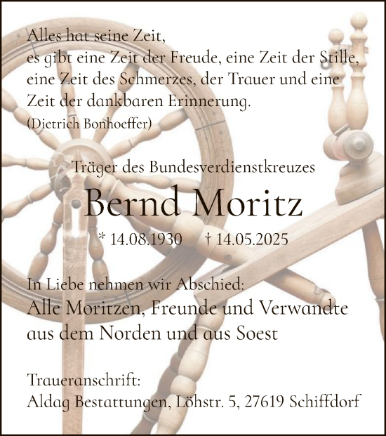 Todesanzeige von Bernd Moritz von WA