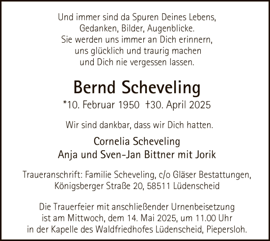 Todesanzeige von Bernd Scheveling von WA