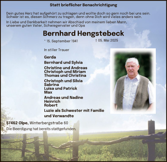Todesanzeige von Bernhard Hengstebeck von WA