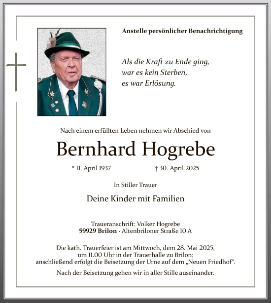 Todesanzeige von Bernhard Hogrebe von WA