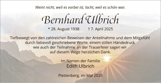 Todesanzeige von Bernhard Ulbrich von WA