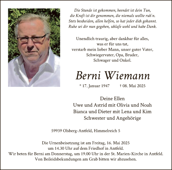 Todesanzeige von Berni Wiemann von WA