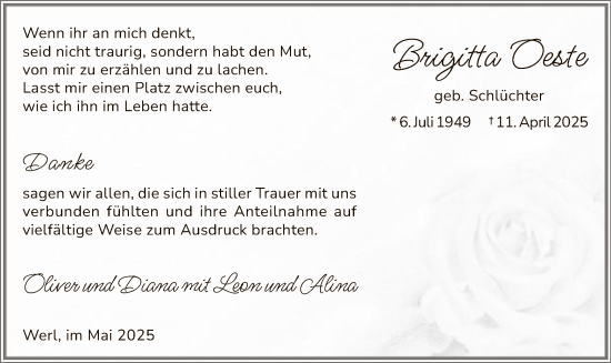 Todesanzeige von Brigitta Oeste von WA