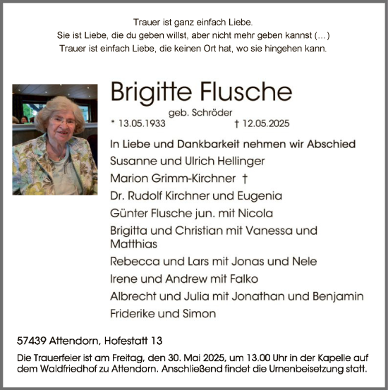 Todesanzeige von Brigitte Flusche von WA