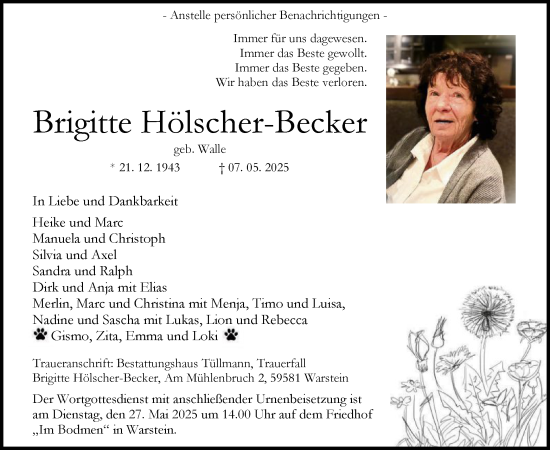 Todesanzeige von Brigitte Holscher-Becker von WA