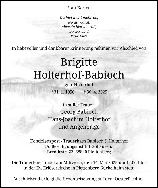 Todesanzeige von Brigitte Holterhof-Babioch von WA