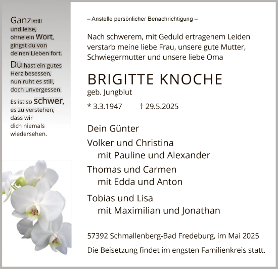 Todesanzeige von Brigitte Knoche von HASK