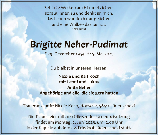 Todesanzeige von Brigitte Neher-Pudimat von HALN
