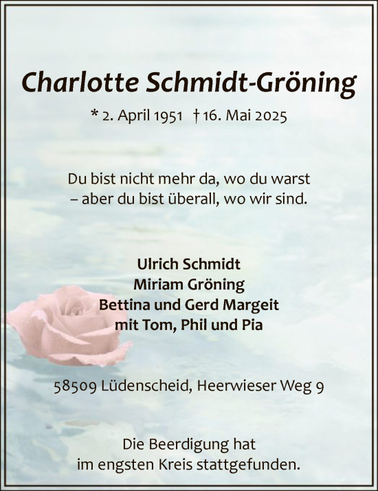 Todesanzeige von Charlotte Schmidt-Gröning von HALN