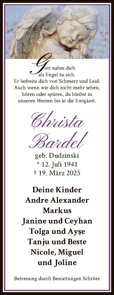 Todesanzeige von Christa Bardel von HAWAHASO