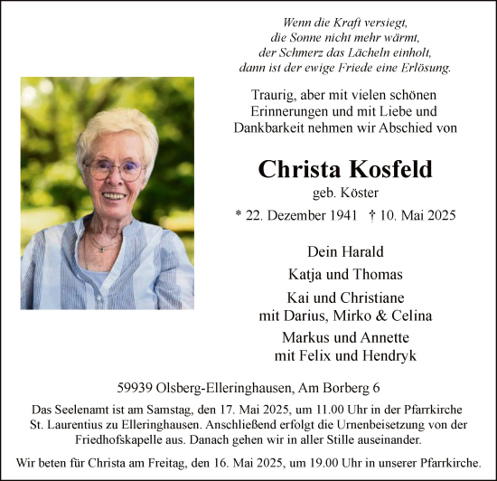 Todesanzeige von Christa Kosfeld von WA